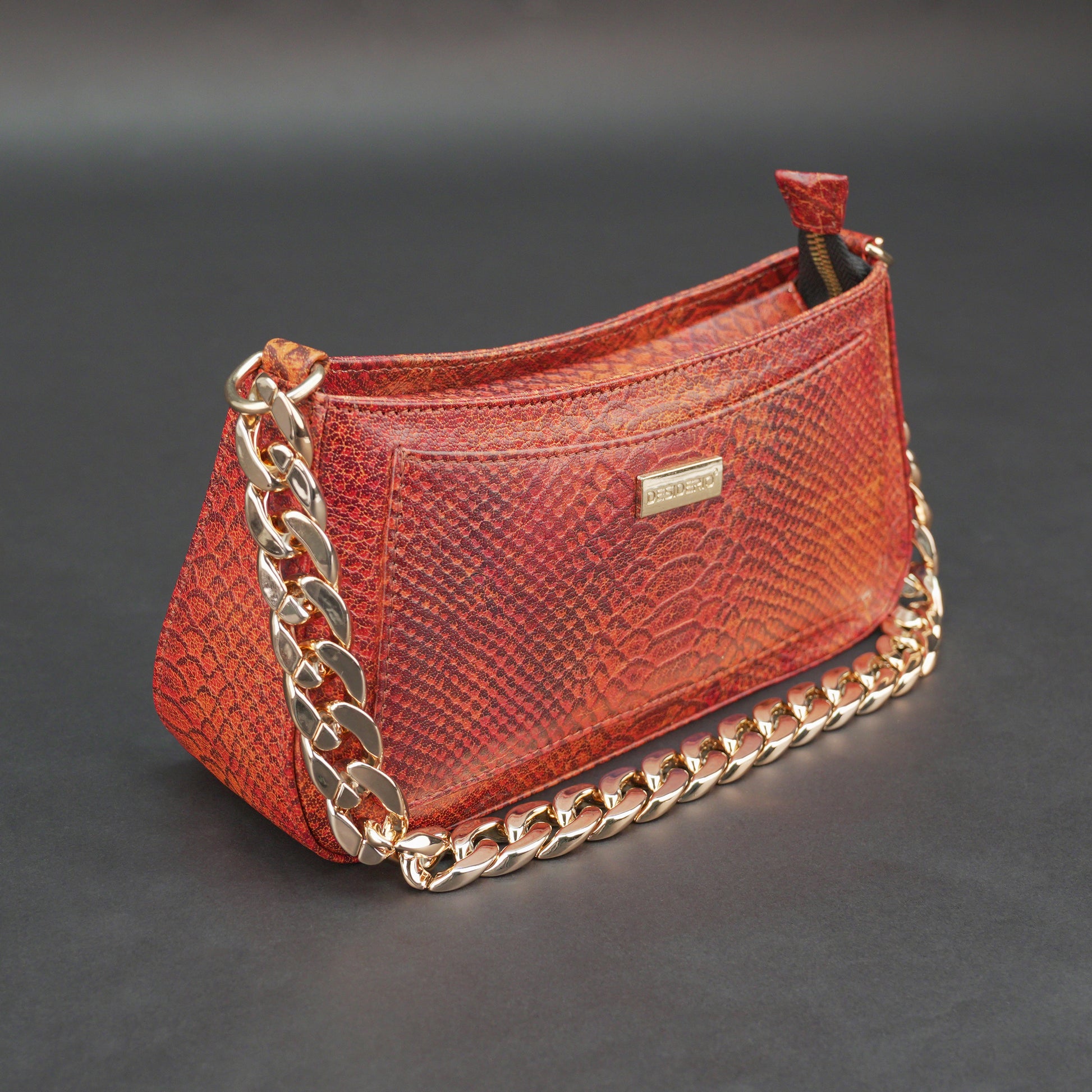 Real leather handbag with gold chain, spacious compartment, zipper pocket, outer pocket, available in multiple colors for daily use