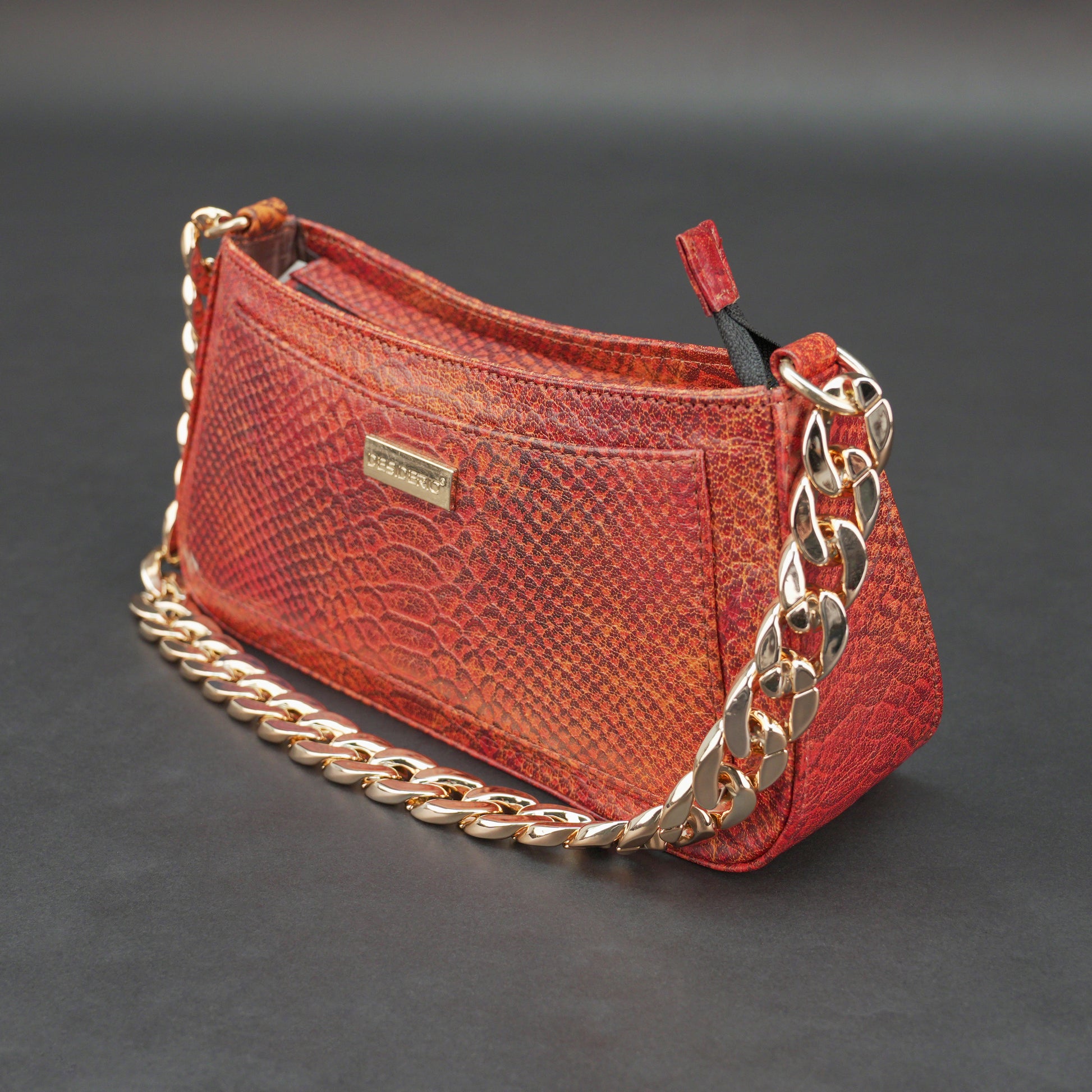 Real leather handbag with gold chain, spacious compartment, zipper pocket, outer pocket, available in multiple colors for daily use
