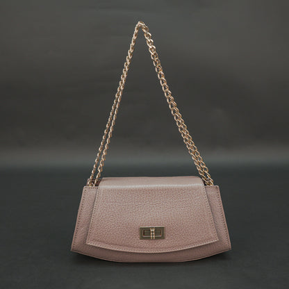 Brown real leather handbag with brass chain and zip compartment.