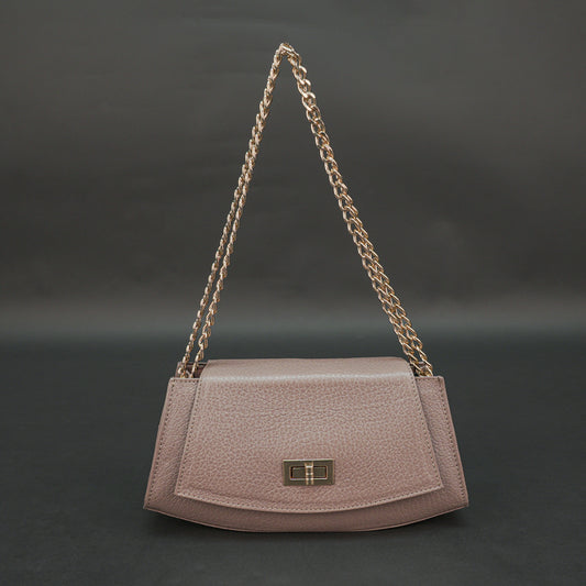 Brown real leather handbag with brass chain and zip compartment.