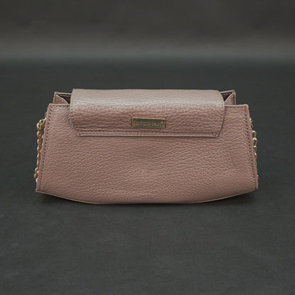 Brown real leather handbag with brass chain and zip compartment.