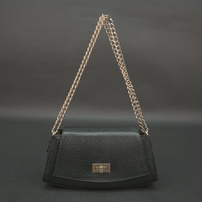 Black real leather handbag with brass chain and zip compartment.