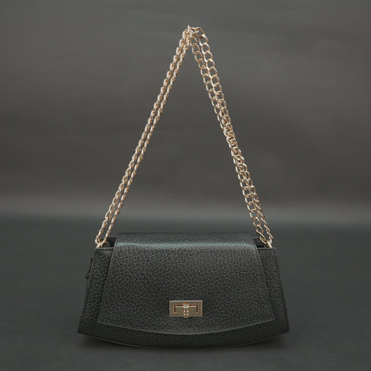 Black real leather handbag with brass chain and zip compartment.