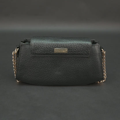 Black real leather handbag with brass chain and zip compartment.