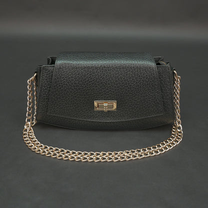 Black real leather handbag with brass chain and zip compartment.