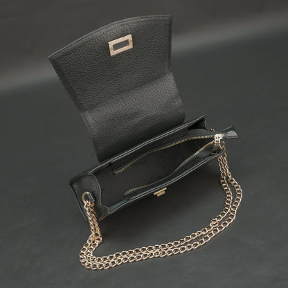 Black real leather handbag with brass chain and zip compartment.