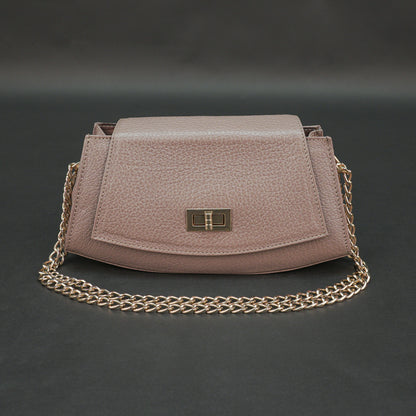 Brown real leather handbag with brass chain and zip compartment.