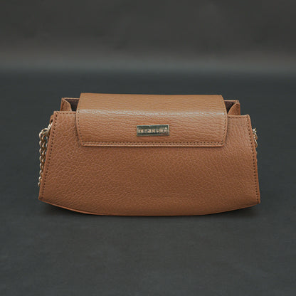 Tan leather handbag with chain and zipper.