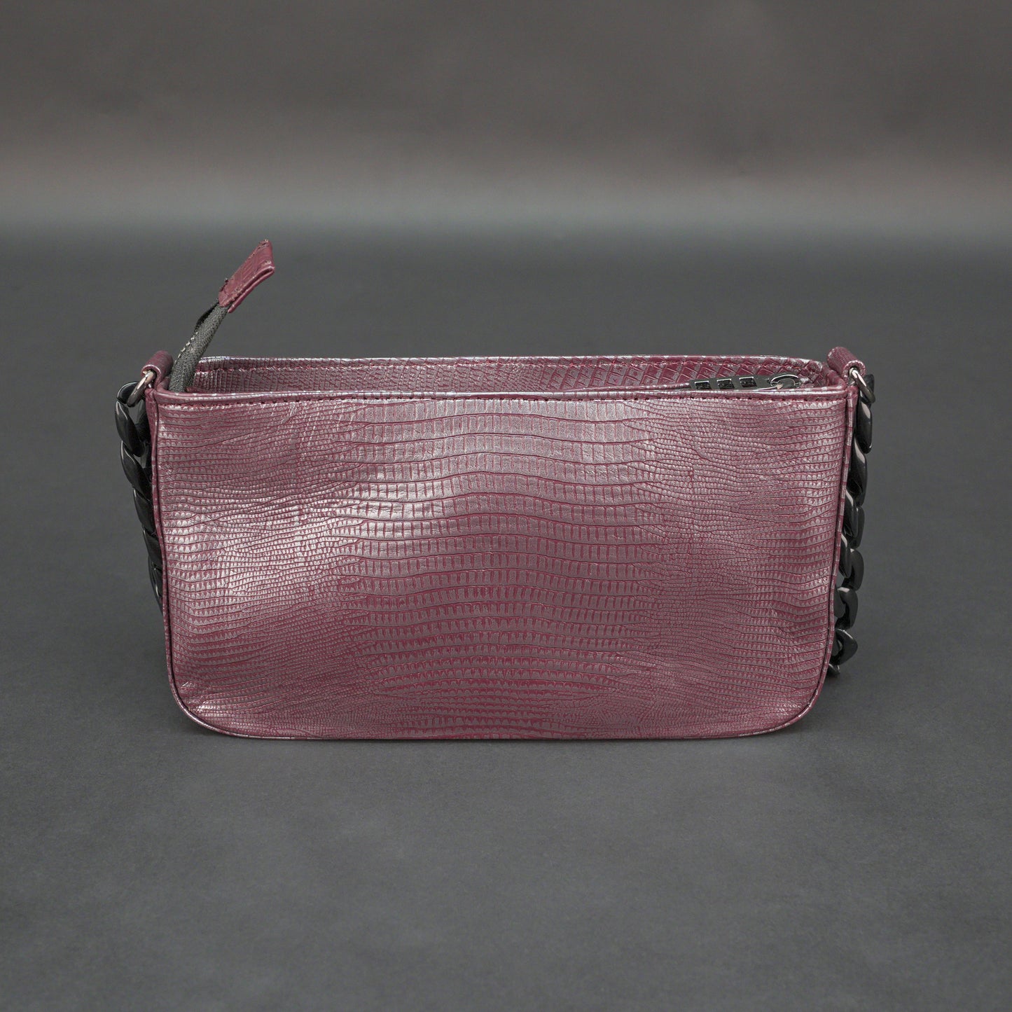 Real leather maroon handbag with metal chain, zipper main compartment, outer pocket, shoulder strap, stylish daily use bag