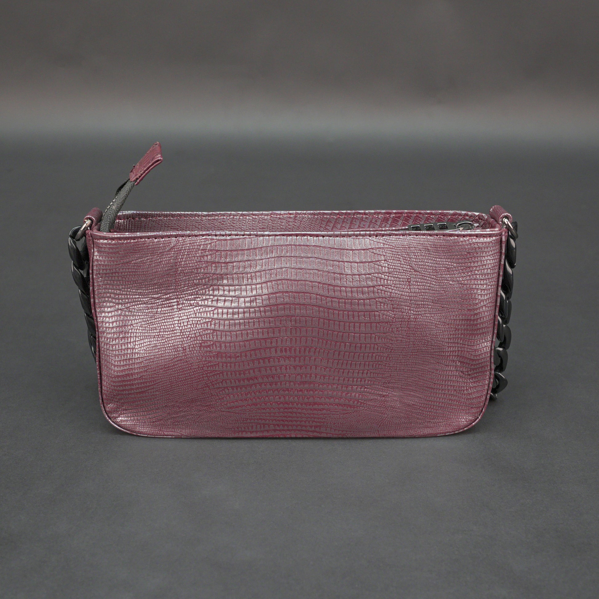 Real leather maroon handbag with metal chain, zipper main compartment, outer pocket, shoulder strap, stylish daily use bag