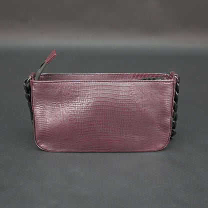 Real leather maroon handbag with metal chain, zipper main compartment, outer pocket, shoulder strap, stylish daily use bag