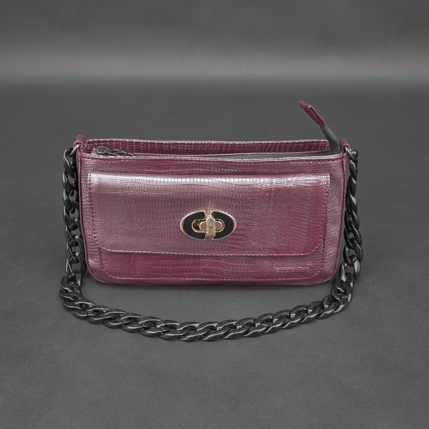 Real leather maroon handbag with metal chain, zipper main compartment, outer pocket, shoulder strap, stylish daily use bag