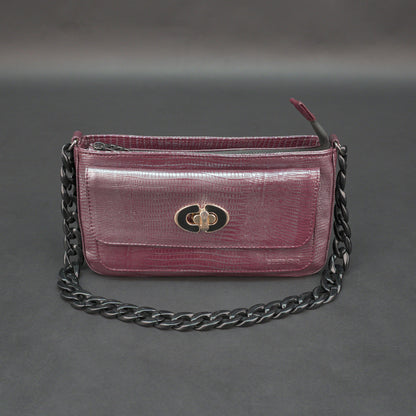 Real leather maroon handbag with metal chain, zipper main compartment, outer pocket, shoulder strap, stylish daily use bag