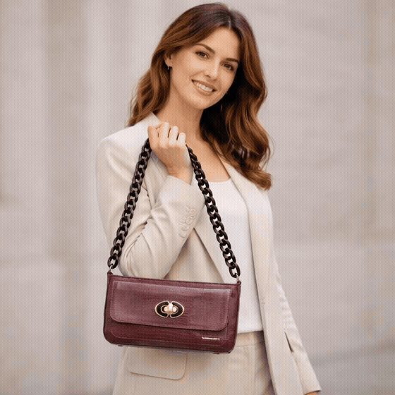Real leather maroon handbag with metal chain, zipper main compartment, outer pocket, shoulder strap, stylish daily use bag
