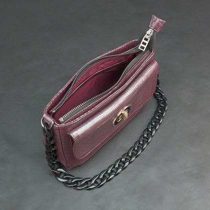 Real leather maroon handbag with metal chain, zipper main compartment, outer pocket, shoulder strap, stylish daily use bag