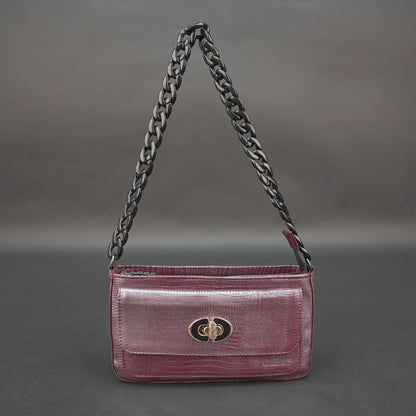 Real leather maroon handbag with metal chain, zipper main compartment, outer pocket, shoulder strap, stylish daily use bag