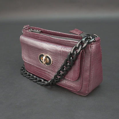 Real leather maroon handbag with metal chain, zipper main compartment, outer pocket, shoulder strap, stylish daily use bag