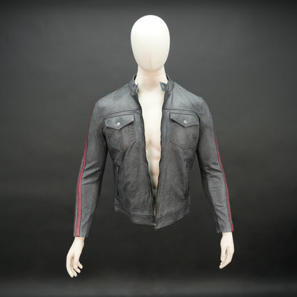 Black jacket 6010 with front zip closure, snap-button collar, multiple pockets, and red arm stripes, combining style and practicality for everyday wear