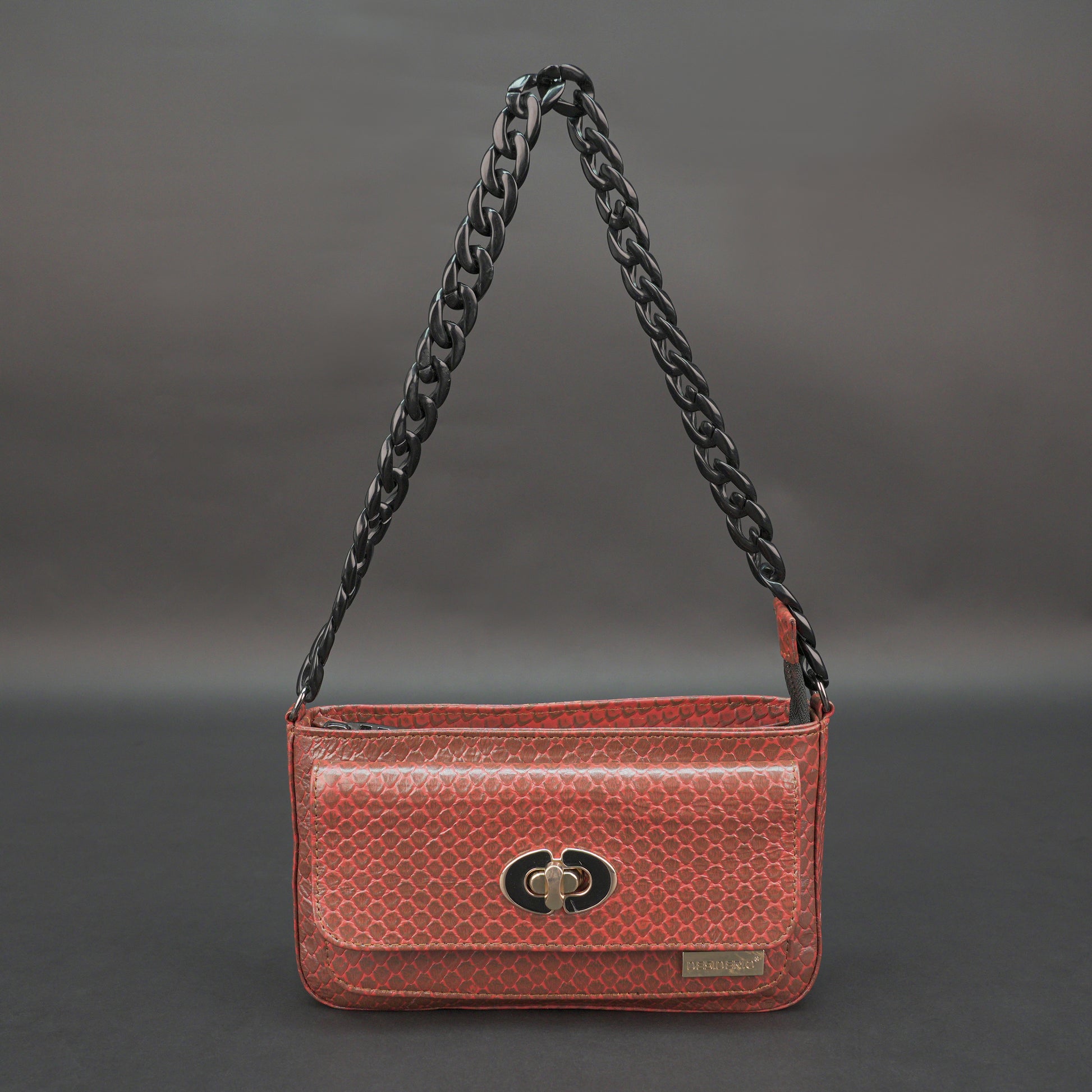 Real leather brown handbag with metal chain, zipper main compartment, outer pocket, shoulder strap, stylish daily use bag
