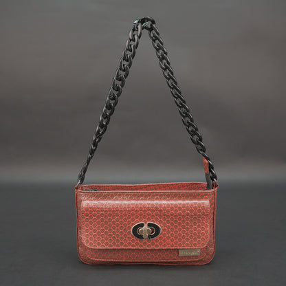 Real leather brown handbag with metal chain, zipper main compartment, outer pocket, shoulder strap, stylish daily use bag