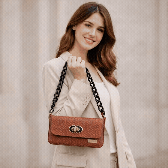 Real leather brown handbag with metal chain, zipper main compartment, outer pocket, shoulder strap, stylish daily use bag