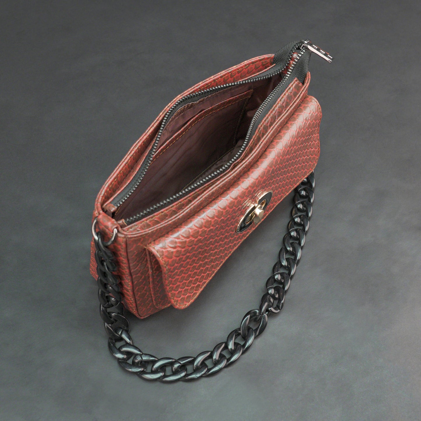 Real leather brown handbag with metal chain, zipper main compartment, outer pocket, shoulder strap, stylish daily use bag