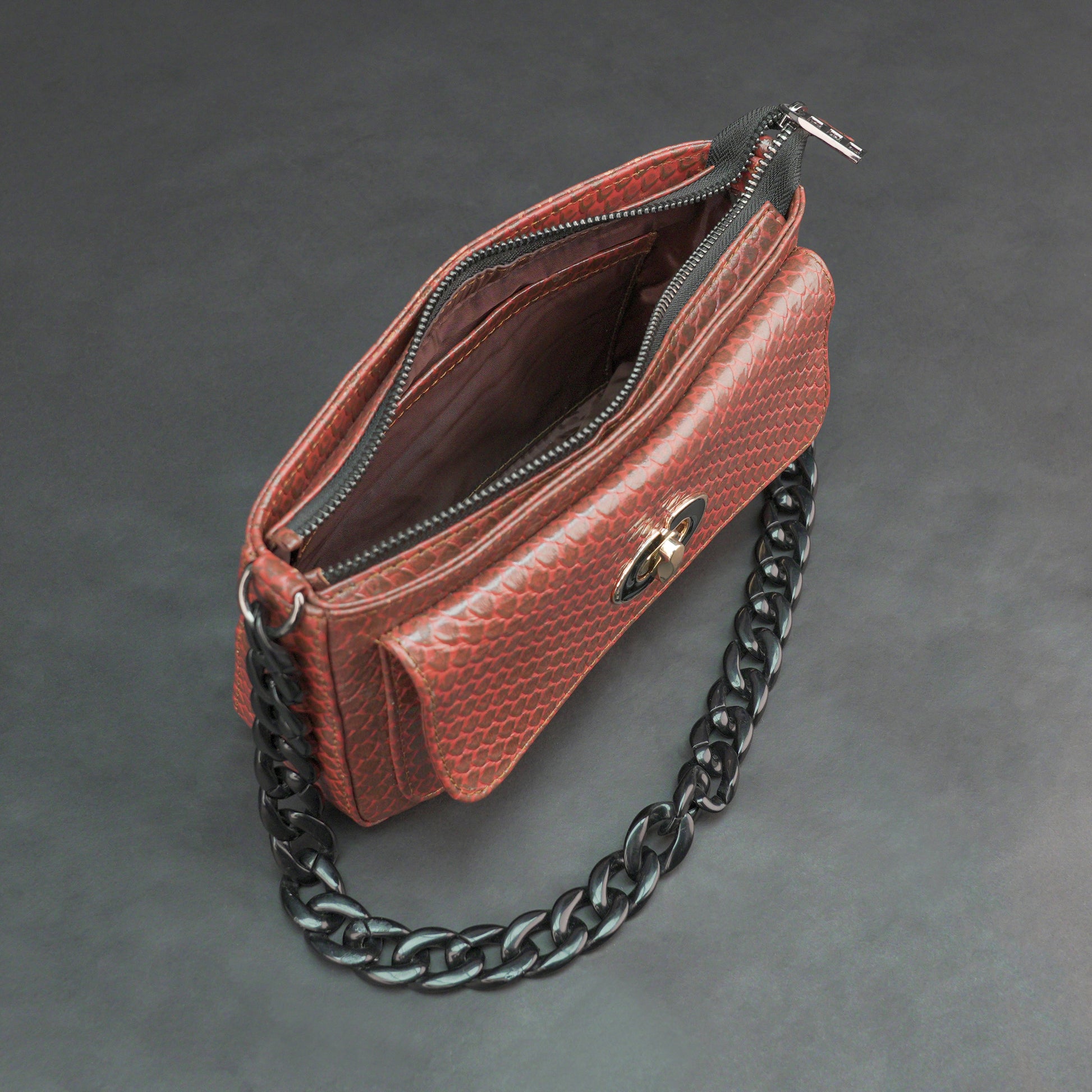 Real leather brown handbag with metal chain, zipper main compartment, outer pocket, shoulder strap, stylish daily use bag