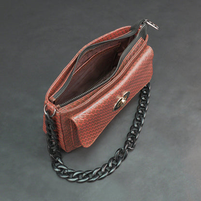 Real leather brown handbag with metal chain, zipper main compartment, outer pocket, shoulder strap, stylish daily use bag