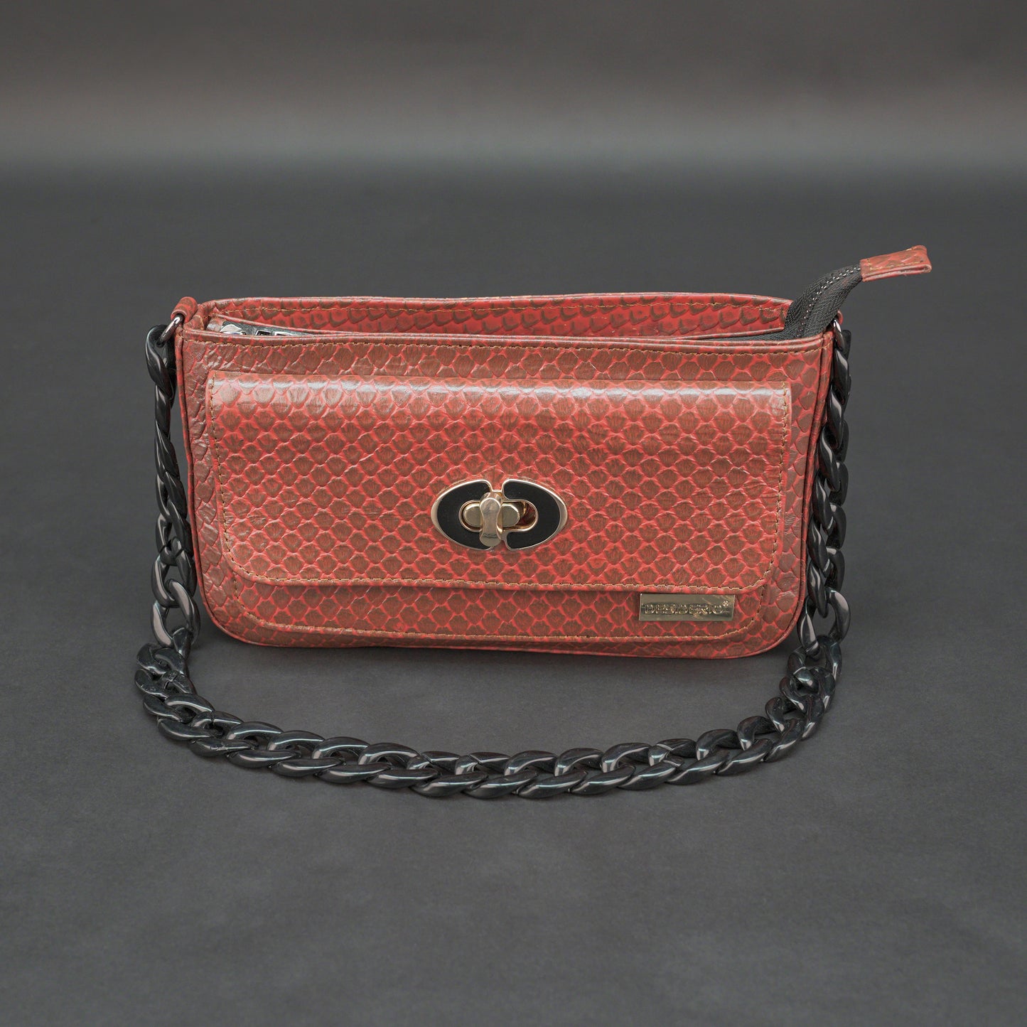 Real leather brown handbag with metal chain, zipper main compartment, outer pocket, shoulder strap, stylish daily use bag