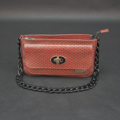 Real leather brown handbag with metal chain, zipper main compartment, outer pocket, shoulder strap, stylish daily use bag