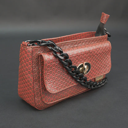 Real leather brown handbag with metal chain, zipper main compartment, outer pocket, shoulder strap, stylish daily use bag