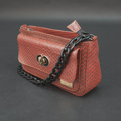 Real leather brown handbag with metal chain, zipper main compartment, outer pocket, shoulder strap, stylish daily use bag