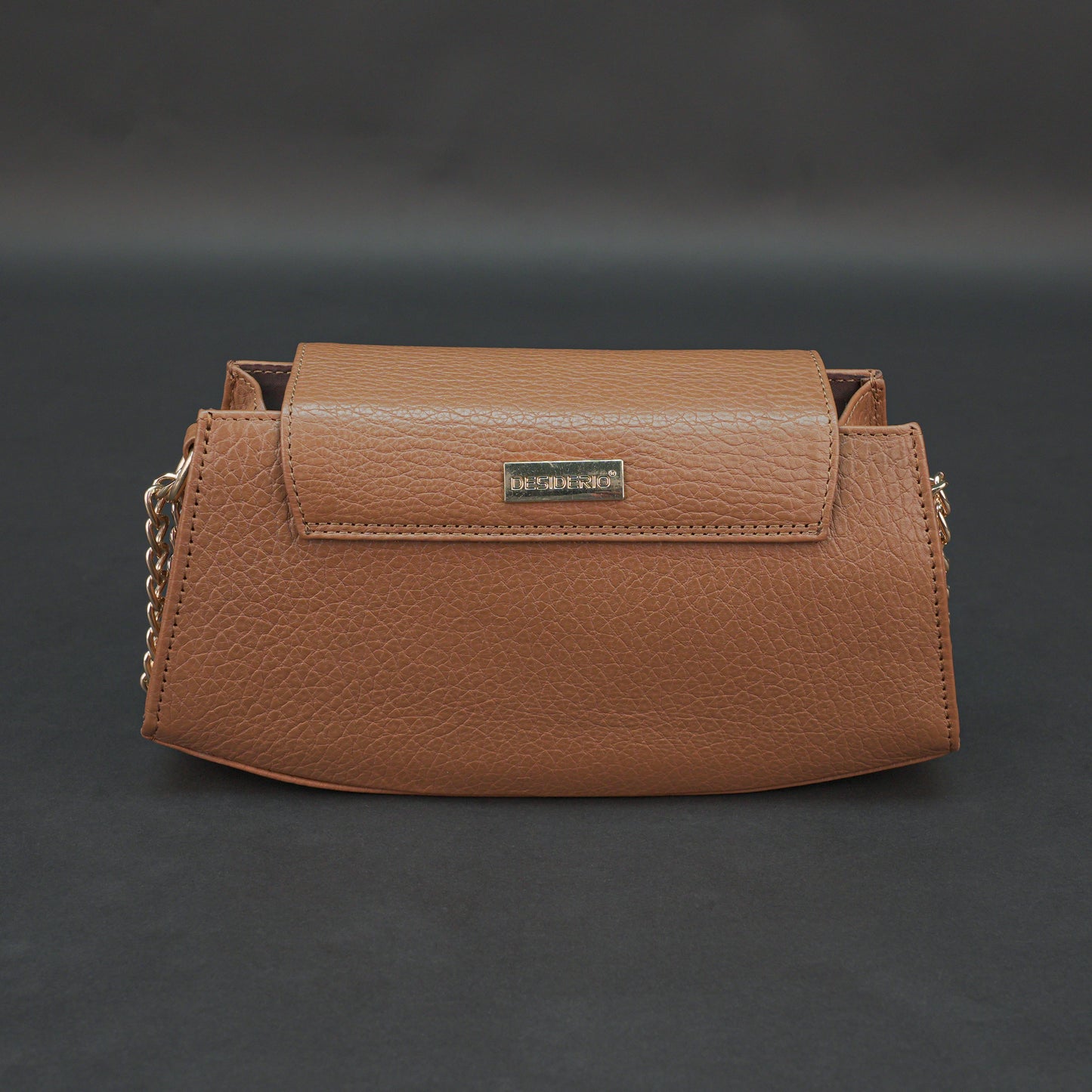Real leather tan handbag with brass chain, zipper compartment, shoulder strap, stylish and practical daily use bag