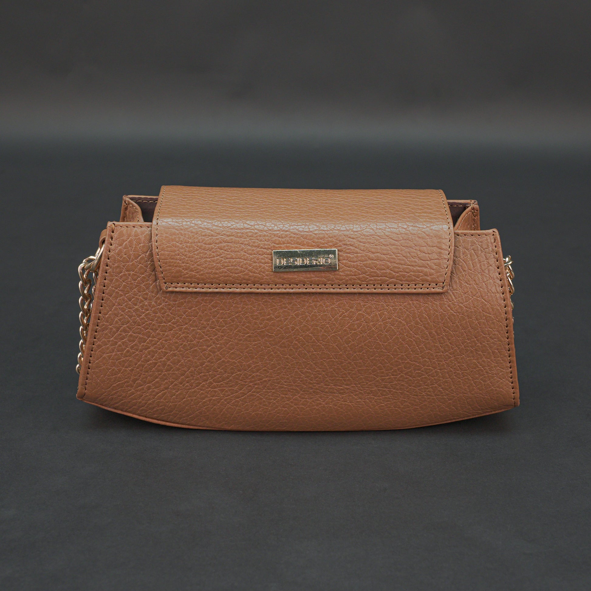 Real leather tan handbag with brass chain, zipper compartment, shoulder strap, stylish and practical daily use bag