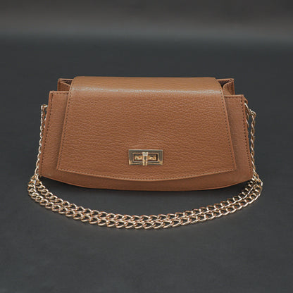Real leather tan handbag with brass chain, zipper compartment, shoulder strap, stylish and practical daily use bag