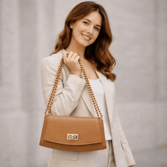 Real leather tan handbag with brass chain, zipper compartment, shoulder strap, stylish and practical daily use bag