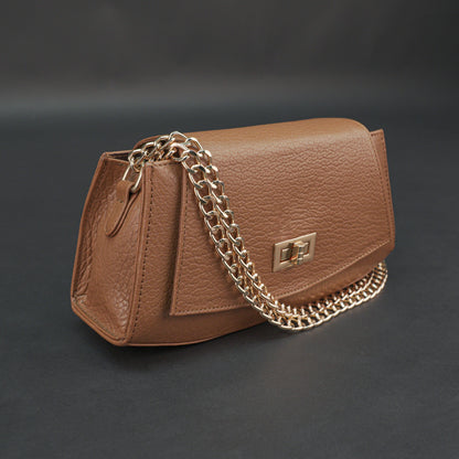 Real leather tan handbag with brass chain, zipper compartment, shoulder strap, stylish and practical daily use bag