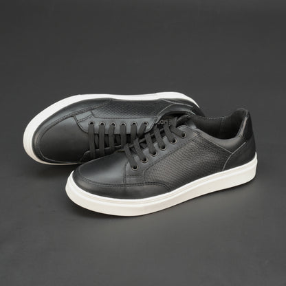 Black cow baryout printed leather shoes with mesh lining and TPR sole for comfort and durability