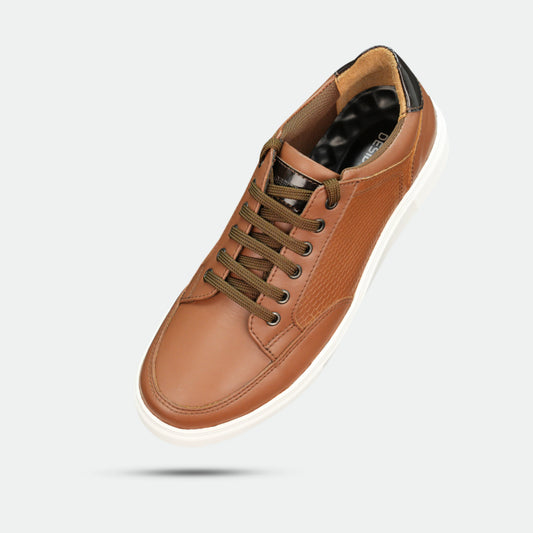 Tan cow baryout printed leather shoes with mesh lining and TPR sole for comfort and durability