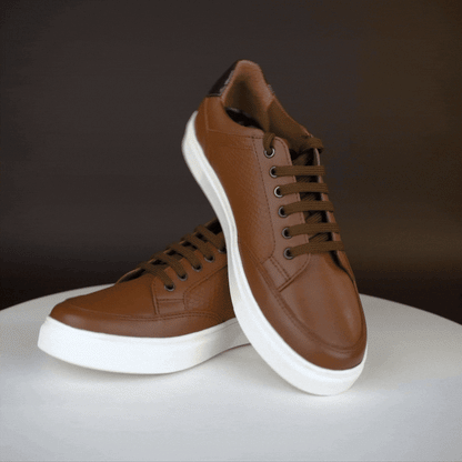 Tan cow baryout printed leather shoes with mesh lining and TPR sole for comfort and durability