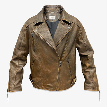 Men’s light brown sheep leather motorcycle jacket with cracked vintage finish, side zip closure, two spacious pockets, and a tailored fit, combining eco-friendly materials with versatile style