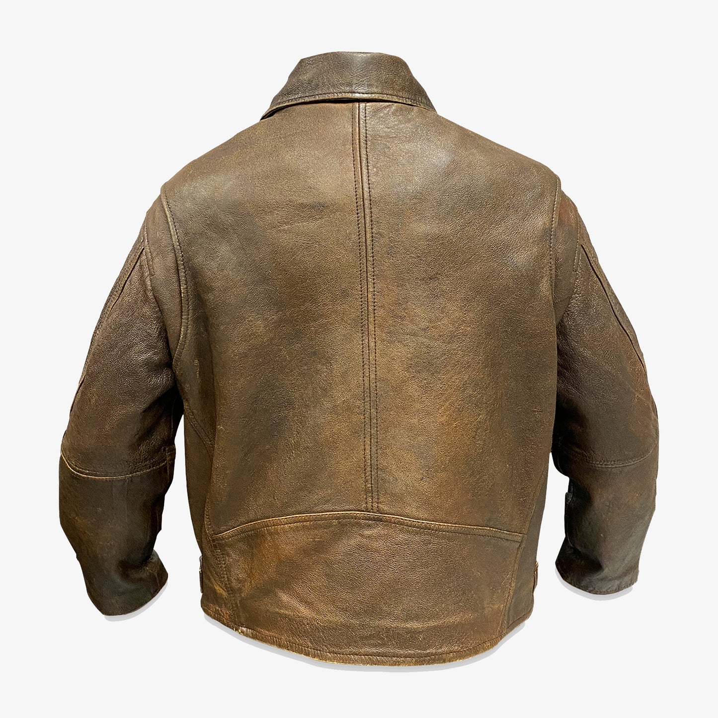 Men’s light brown sheep leather motorcycle jacket with cracked vintage finish, side zip closure, two spacious pockets, and a tailored fit, combining eco-friendly materials with versatile style