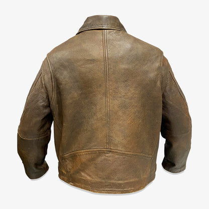Men’s light brown sheep leather motorcycle jacket with cracked vintage finish, side zip closure, two spacious pockets, and a tailored fit, combining eco-friendly materials with versatile style