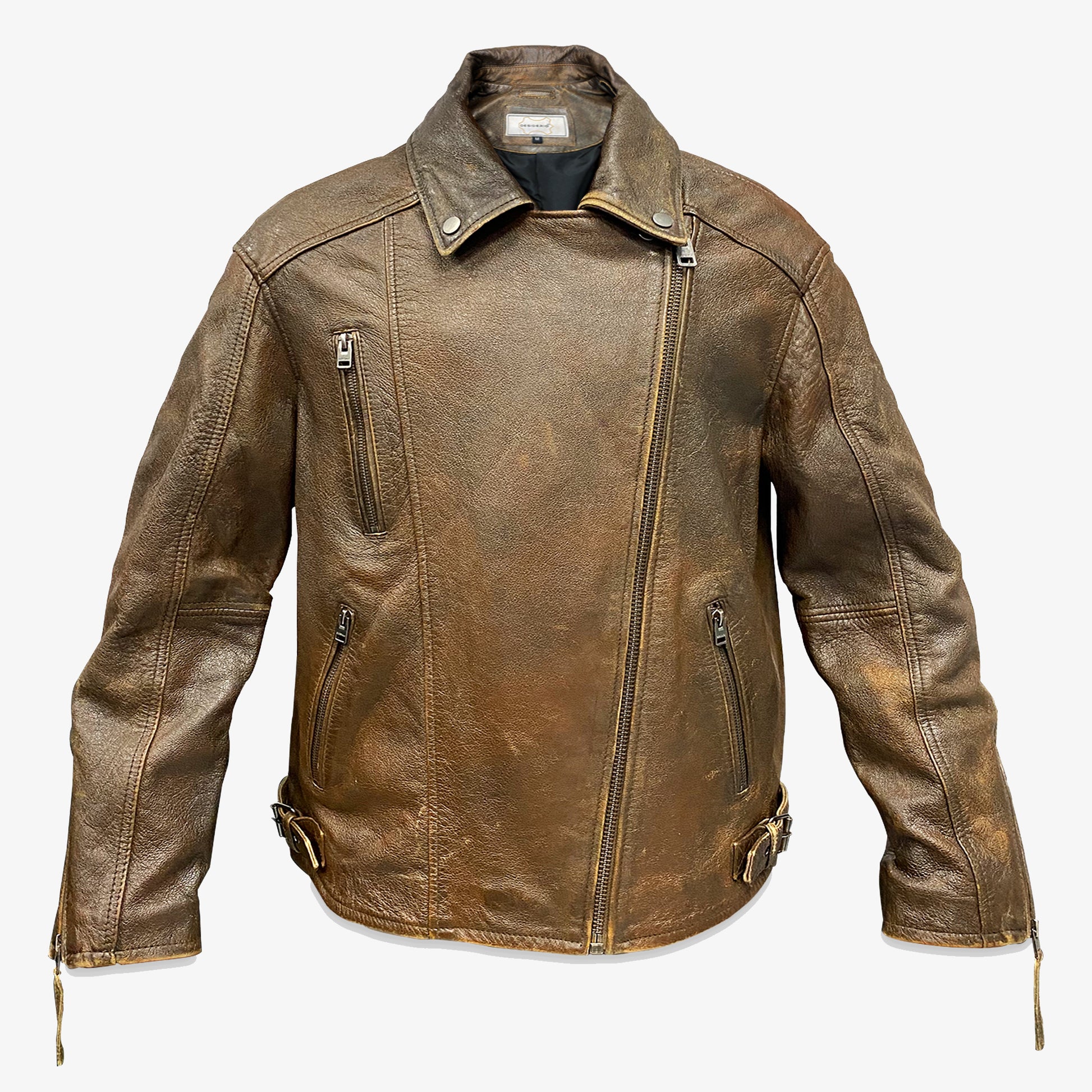 Light brown Teide real sheep leather motorcycle jacket with vintage cracked texture, sustainable wool blend, two spacious pockets, side zip closure, and tailored fit for comfort and style