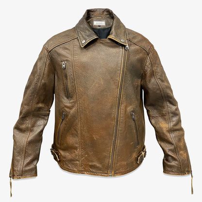 Light brown Teide real sheep leather motorcycle jacket with vintage cracked texture, sustainable wool blend, two spacious pockets, side zip closure, and tailored fit for comfort and style