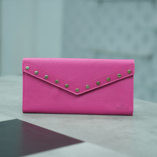 Stylish pink clutch with a modern look, designed with multiple compartments, a secure zip section, and organized card pockets