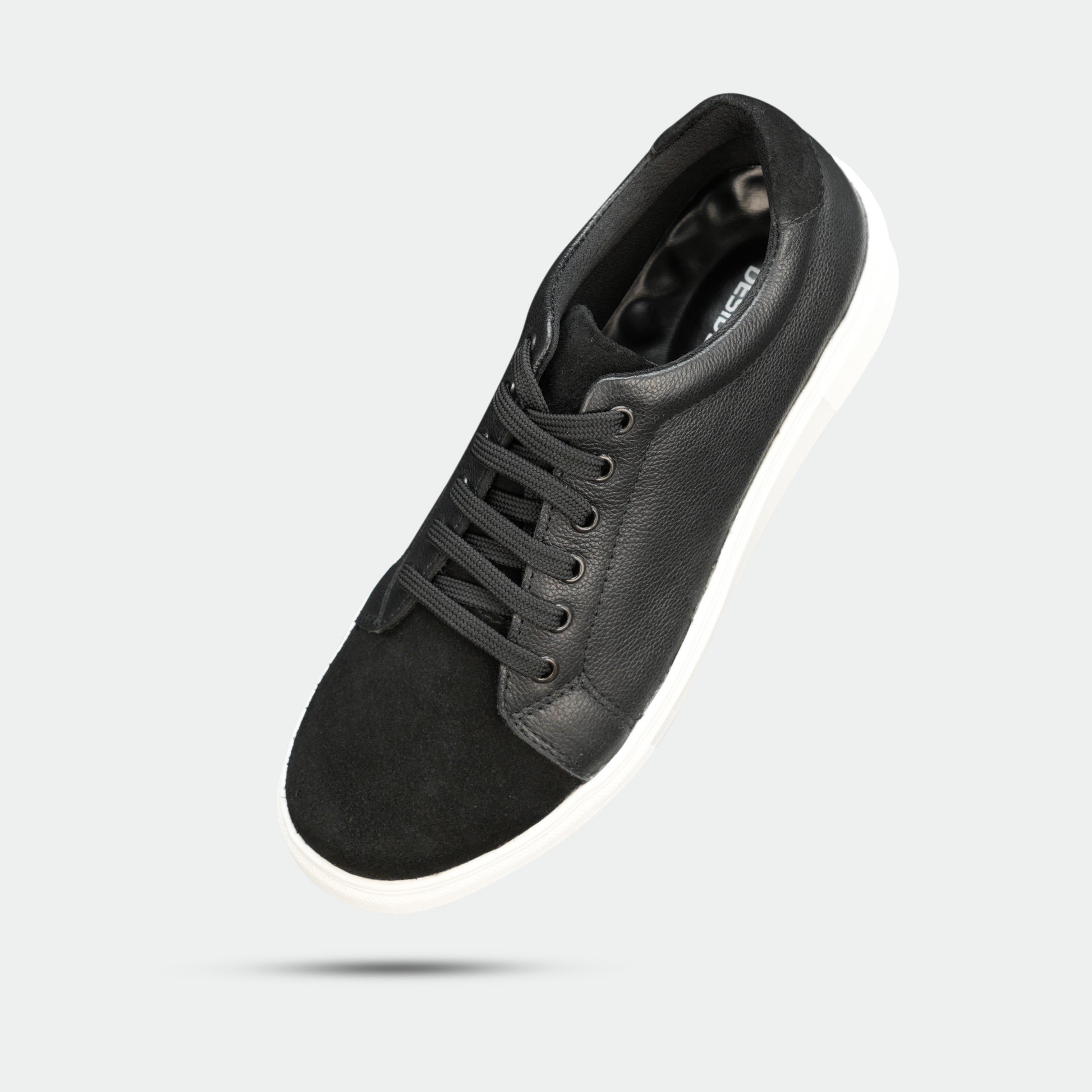 Black shoe made from Cow Chalsia and Cow suede leather with breathable mesh lining and flexible TPR sole