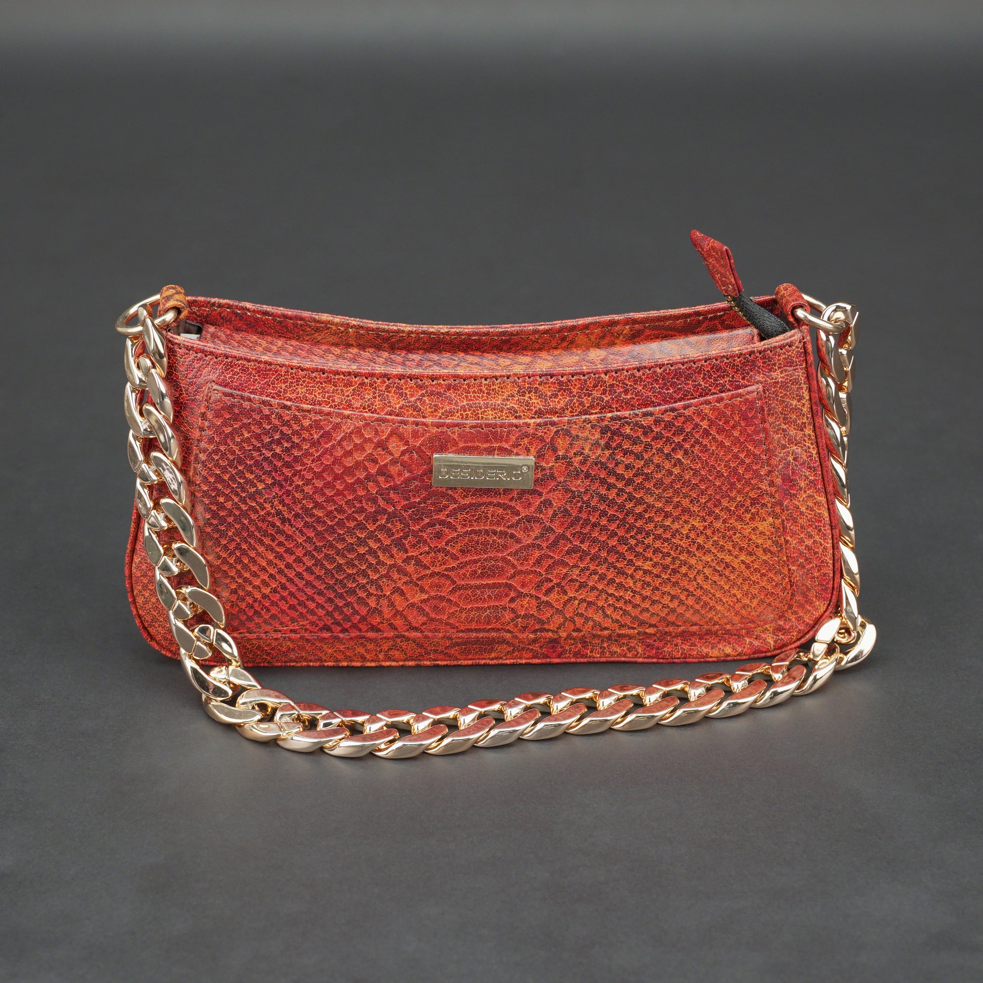 Real leather handbag with gold chain, spacious compartment, zipper pocket, outer pocket, available in multiple colors for daily use