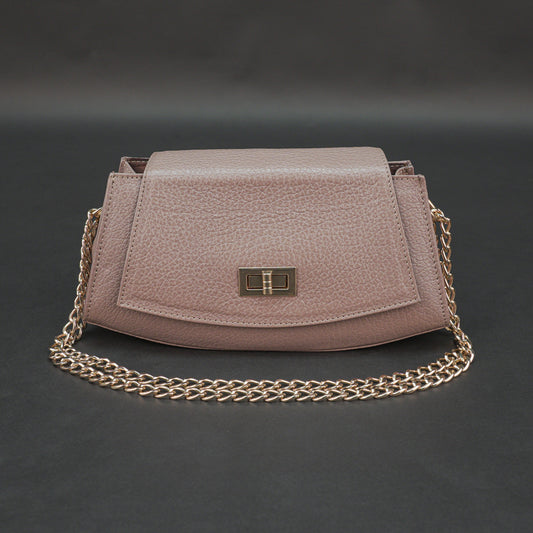 Real leather handbag with brass color chain, zipper compartment, shoulder and hand straps, available in multiple colors for daily use