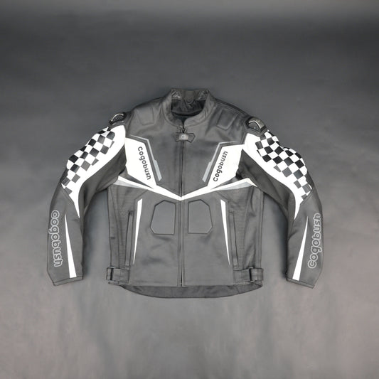Cogobush Grey & White Checkered Racing Motorcycle Leather Jacket with Armor Pockets
#Cogobush #LeatherJacket #RacingJacket #MotorcycleGear #MotoJacket